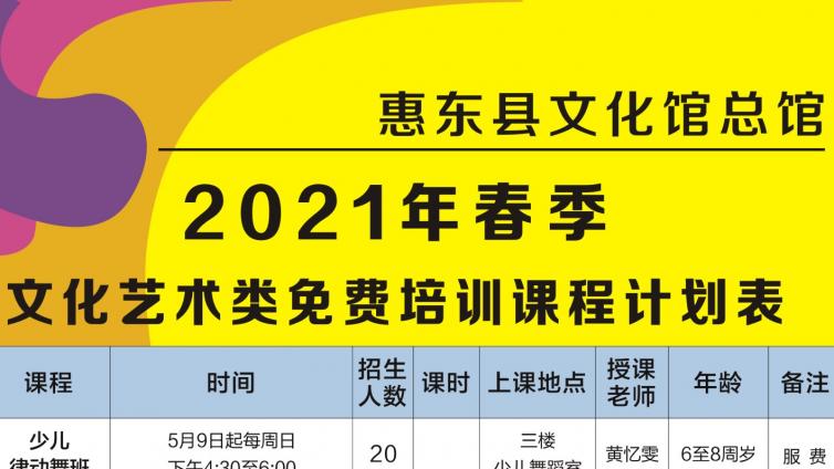 【免费培训】惠东县文化馆总馆2021年春季文化艺术类免费培训班开班啦！
